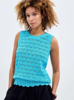 Scalloped trim openwork pure cotton sweater vest