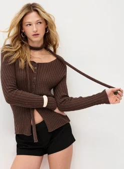 Scarfed rib-knit cardigan