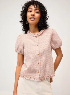 Seersucker puff-sleeve check shirt