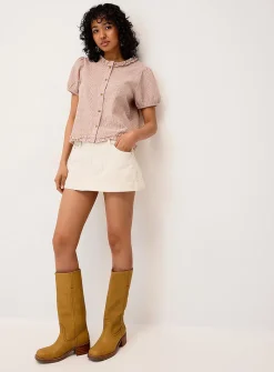 Seersucker puff-sleeve check shirt