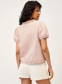 Seersucker puff-sleeve check shirt