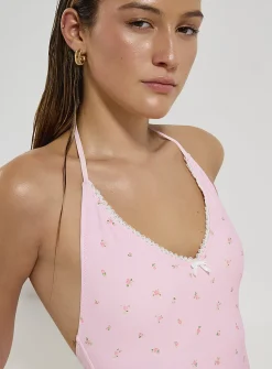 Serrated scallop halter V-neck one-piece