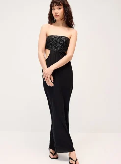 Shimmering neckline satin maxi dress