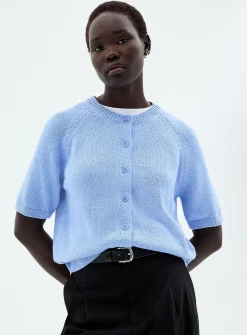 Short raglan-sleeve shaker-rib cardigan