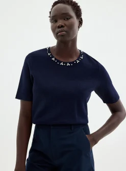 Short-sleeve jewel-collar sweater