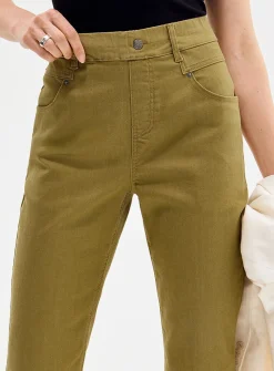 Side slit stretch denim capri legging