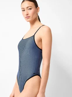 Slate blue seersucker stripe one-piece