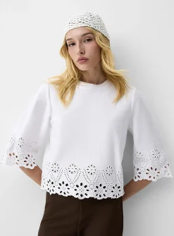 3/4-sleeve broderie anglaise T-shirt