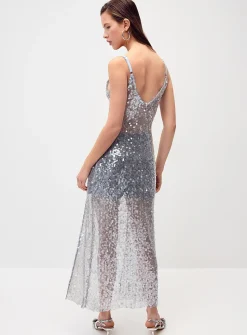 Slit sequined mesh long cami