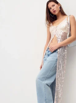 Slit sequined mesh long cami
