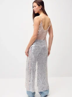 Slit sequined mesh long cami