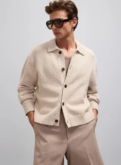 Slub knit polo-collar cardigan