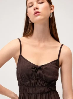 Smocked bust linen-blend midi dress