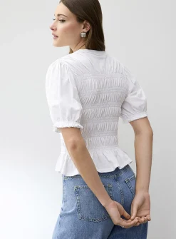 Smocked cropped puff-sleeve T-shirt