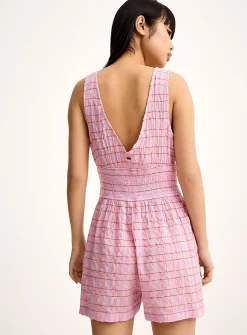 Smocked pink check romper