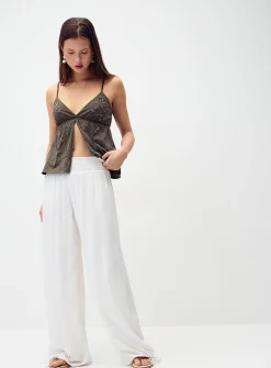 Smocked-waist crinkled-finish pant