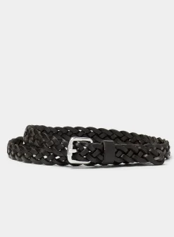 Square-buckle braided leather thin belt