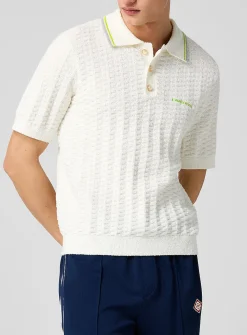Striped collar bouclé knit polo shirt