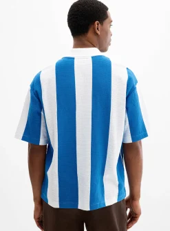 Striped openwork jersey Johnny-collar polo