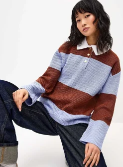 Striped polo collar sweater