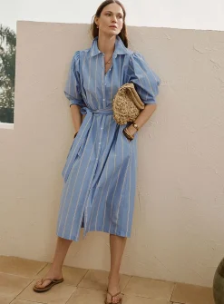 Striped puff-sleeve shirtdress