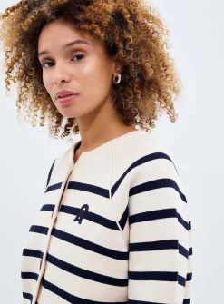 Striped pure cotton balloon-sleeve cardigan