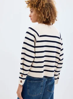 Striped pure cotton balloon-sleeve cardigan