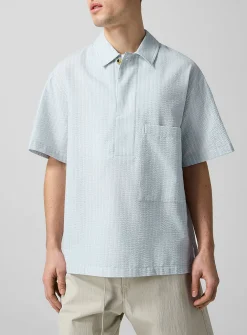 Striped seersucker pull-on shirt