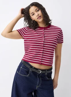 Striped short-sleeve cardigan
