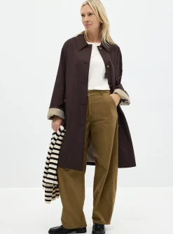 Striped-lining shirt-collar mid-length trench coat