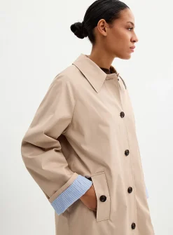 Striped-lining shirt-collar mid-length trench coat