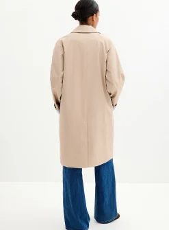 Striped-lining shirt-collar mid-length trench coat