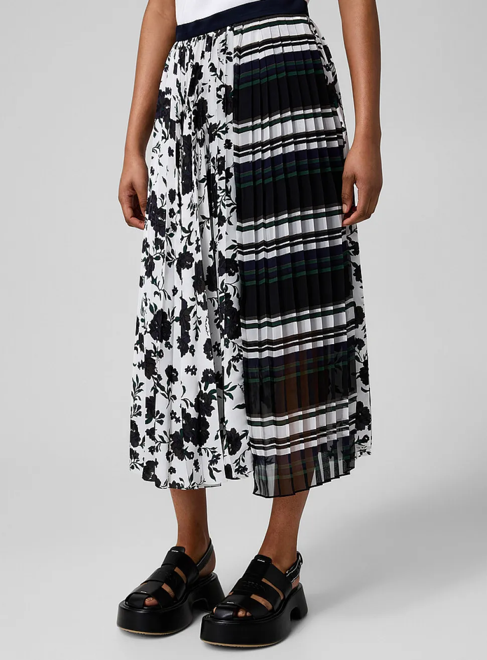 Stripes and flowers pleated midi skirt