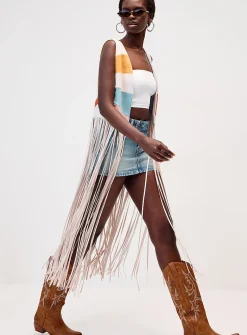 Suede colour-block fringed vest