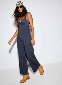 Terry underside denim effect gathered-bust jumpsuit