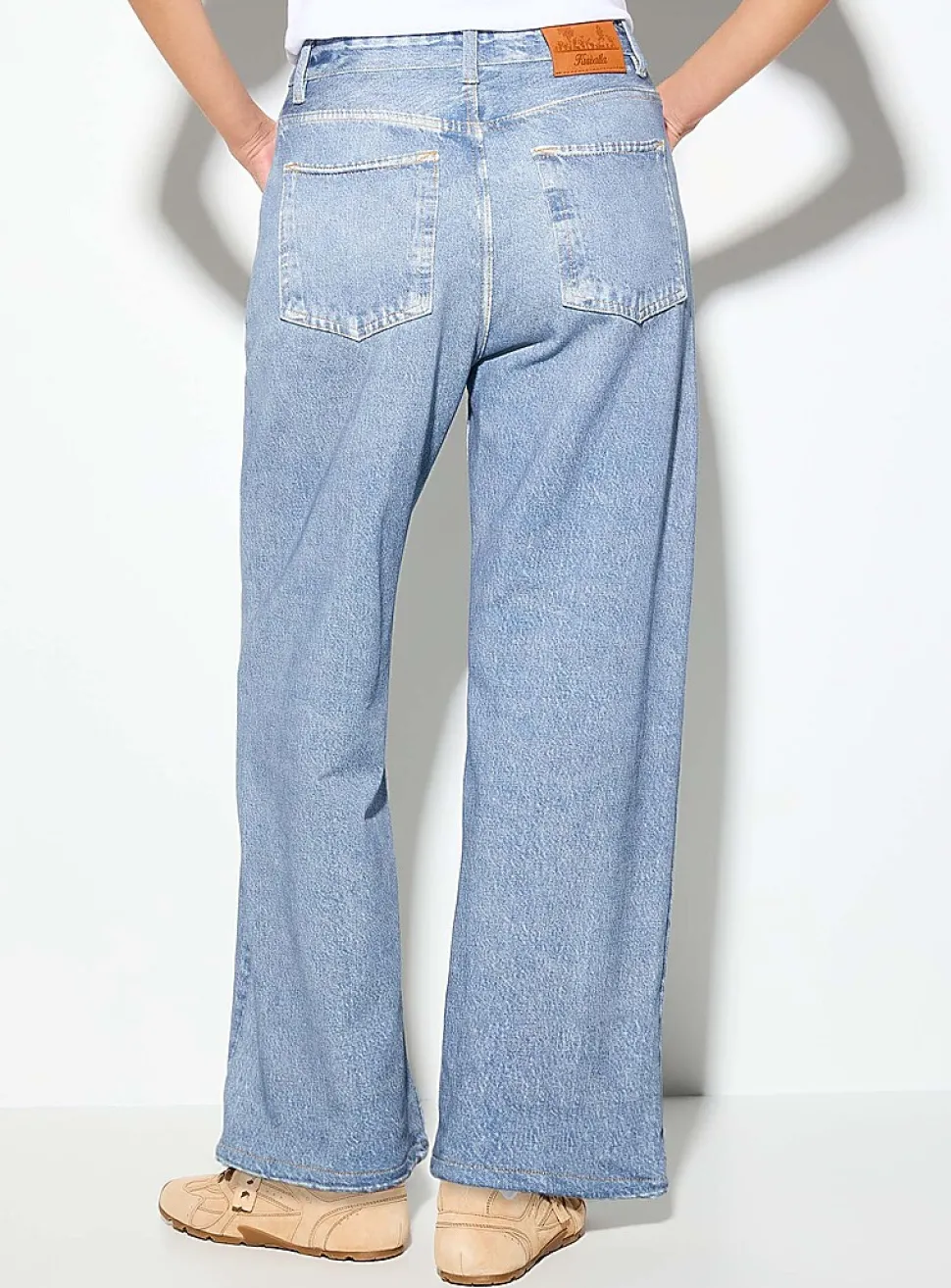 Terry underside faux-denim 5-pocket wide-leg pant