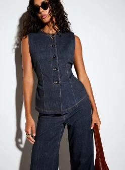 Terry underside faux-denim cinched waist vest