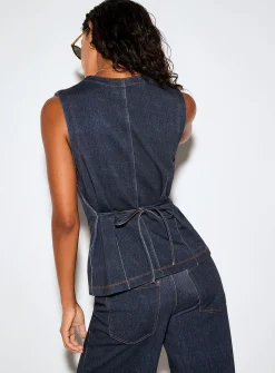 Terry underside faux-denim cinched waist vest