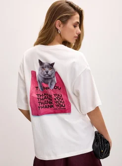 Thank You loose cat print T-shirt