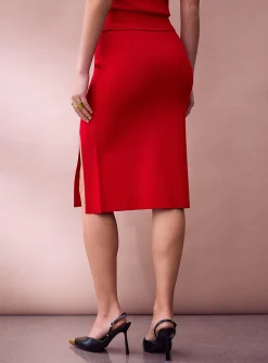 Thick-knit offset slit pencil skirt