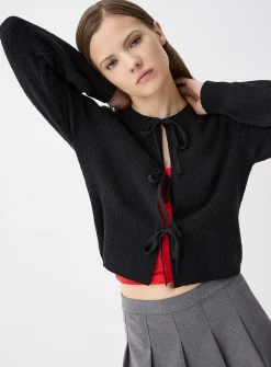 Three bows ribbed cardigan