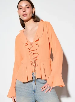 Tie-front and ruffled-edge sheer chiffon blouse
