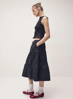 Tiered poplin midi skirt