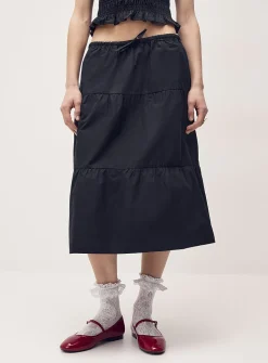 Tiered poplin midi skirt
