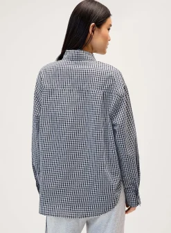 Tie-ribbon collar checkered poplin shirt