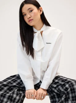 Tie-ribbon collar poplin shirt