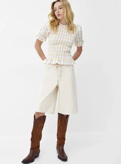 Touch of linen puff-sleeve smocked blouse