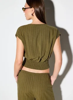 Touch-of-linen plunging crossover blouse