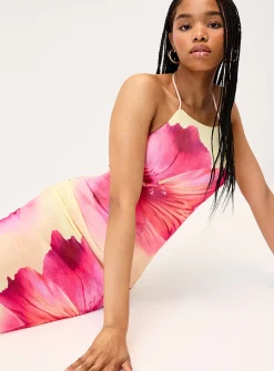 Tropical flowers halter maxi dress