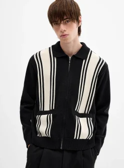 Vertical-stripe zip-up polo-collar cardigan